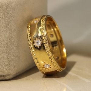 14k Gold Star Wedding Band Women Star Engraved Moissanite Ring For Her, Star Diamond Band, Celestial Diamond Ring Promise Ring Gift For Her
