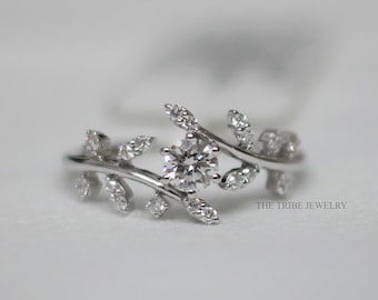14K White Gold Moissanite Engagement Ring: Diamond Leaf Vine Bridal Ring