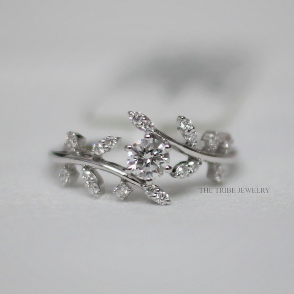 14K White Gold Nature Inspired Moissanite Engagement Ring, Diamond Leaf Ring, Moissanite Vine Branch Wedding Ring, Minimalist Bridal Ring