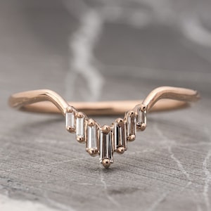 Vintage Moissanite Wedding Ring, Rose Gold Diamond Band, Bridal Ring, Unique Curved Wedding Ring, Baguette Matching Ring, Anniversary Band