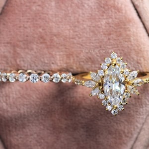 Marquise Cut Moissanite Engagement Ring Set, Bridal Ring Set, Gold Marquise Moissanite Wedding Ring Set, Anniversary Gift