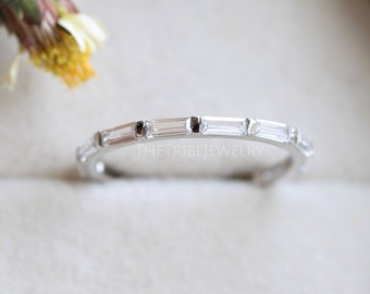 Dainty Baguette Moissanite Eternity Wedding Band, 925 Sterling Silver Full Eternity Baguette Band, Unique Baguette Diamond Stackable Band