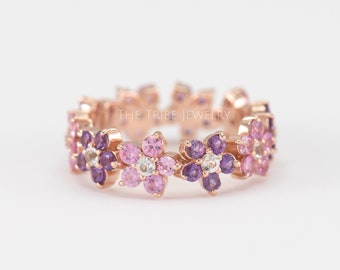 Pink Sapphire Floral Ring: 14k Gold Flower Wedding Band