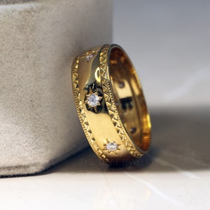 14k Gold Starburst Wedding Band For Her, Vintage Gold Band, Northern Star Diamond Band, Thick Promise Band, Wide Anniversary Band For Gift