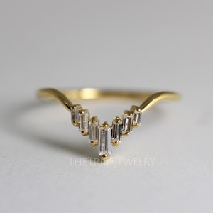 Vintage Moissanit Baguette Band, Geschwungenes Baguette Diamant Band, 14k Gold Baguette Ehering, Baguette Gold Stapelring