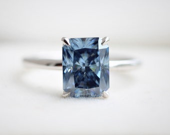 3 CT Radiant Blue Moissanite Engagement Ring: 14k Gold Wedding Ring