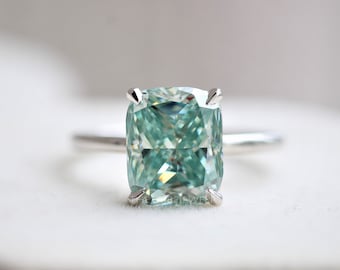 4 CT Blue Green Moissanite Engagement Ring, Elongated Cushion Moissanite Engagement Ring, Sterling Silver Solitaire Ring, Anniversary Ring