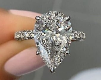 5 CT Pear Moissanite Engagement Ring: 14K White Gold Hidden Halo Wedding Ring