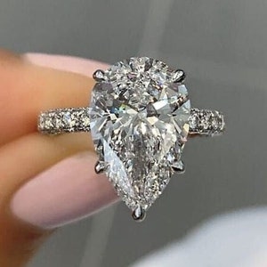 5 CT Pear Moissanite Engagement Ring 14K White Gold Solitaire Ring Pear Shaped Wedding Ring Hidden Halo Anniversary Ring Promise Ring