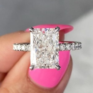 5 Carat Radiant Moissanite Ring: 14k Gold Hidden Halo Studded Band