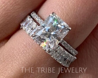 2 CT Radiant Cut Moissanite Engagement Ring Set: Half Eternity Wedding Band