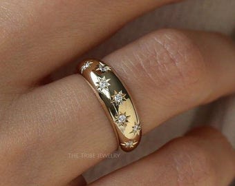 Gold Celestial Star Dome Ring | Chunky Gold Ring | Statement Ring for Women | Minimalist Dome Band | Celestial Jewelry Gift for Her