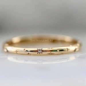 14k Gold Lab Grown Diamond Star Wedding Band - Celestial Ring - Vintage Dainty Diamond Ring - Star Engraved Stacking Ring