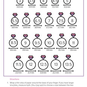 May include: Ring size guide showing sizes 3 to 13.5, each with a ring graphic and millimetre measurements. Includes instructions for measuring finger size to determine the correct ring size.
