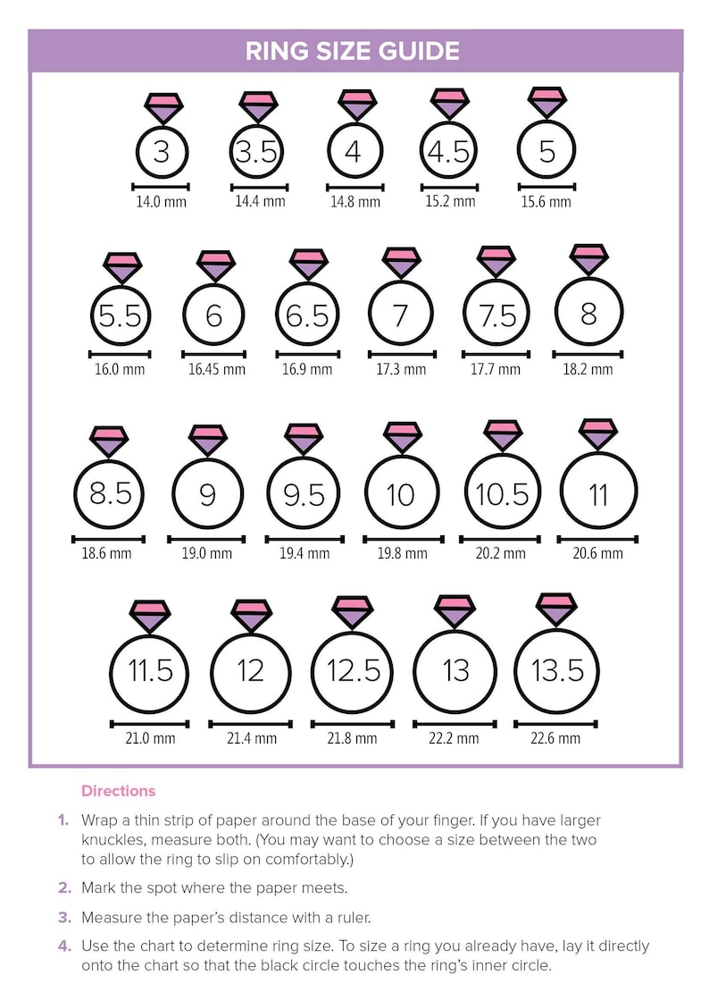 May include: Ring size guide showing sizes 3 to 13.5, each with a ring graphic and millimetre measurements. Includes instructions for measuring finger size to determine the correct ring size.