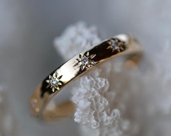 14k Gold Diamond Starburst Ring: Minimalist Eternity Band