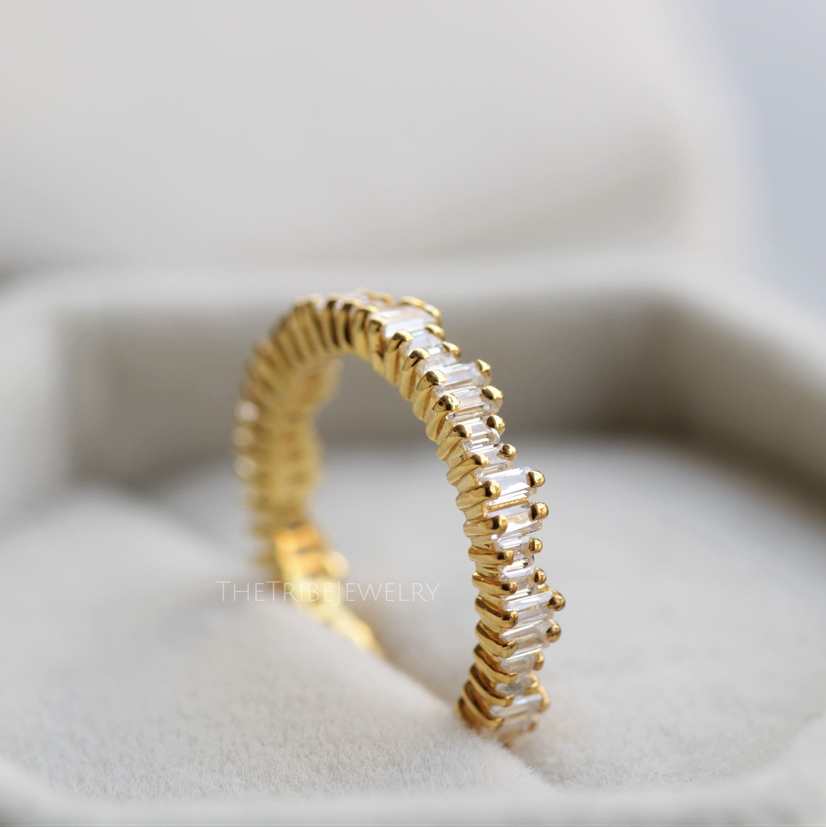 14k Gold Vertical Baguette Moissanite Eternity Band: Minimalist