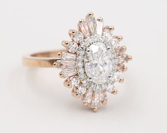 14k Gold Oval Moissanite Starburst Ring: Vintage Gatsby Halo Engagement Ring, Anniversary Gift For Her