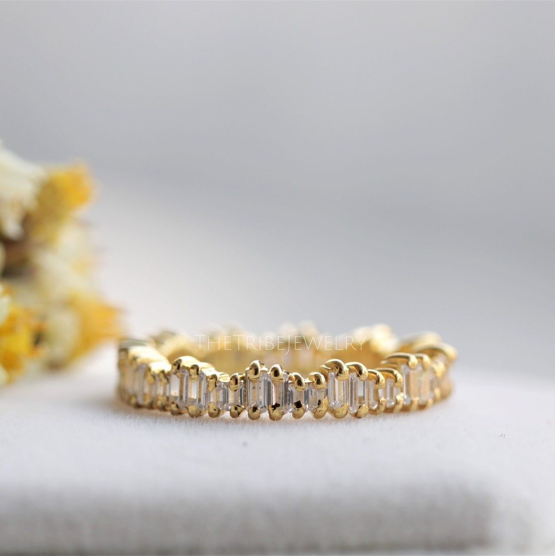 14k Gold Vertical Baguette Moissanite Eternity Band: Minimalist