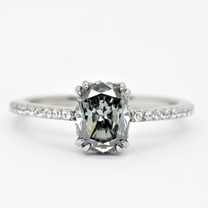 Elongated Cushion Cut Grey Moissanite Engagement Ring, Vintage Hidden Halo Ring, 14k Gold Claw Prong Colored Moissanite Anniversary Ring