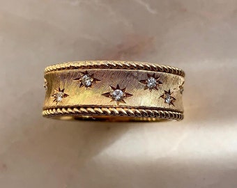 14K Gold Star Engraved Wedding Band: Brushed Antique Anniversary Ring