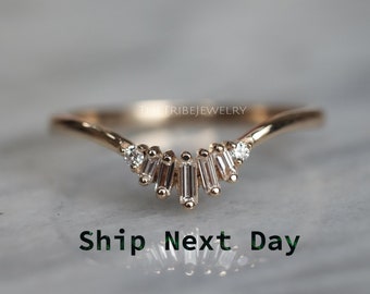14k Gold Baguette Cut Wedding Band For Women, Moissanite Wedding Ring-Rose Gold Diamond Ring, Anniversary Ring-Matching Curved Wedding Band