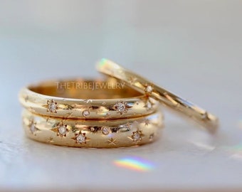 Vintage 14k Gold Starburst Diamond Wedding Band: Celestial Ring