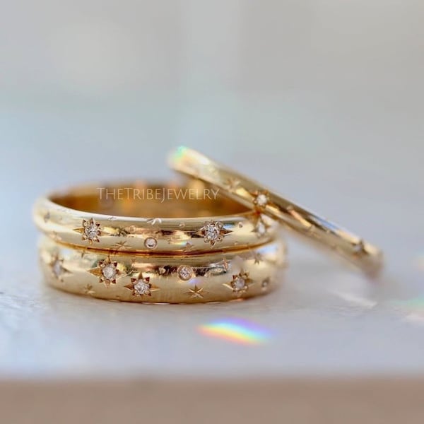 Vintage Starburst Wedding Band For Her, 14k Gold Diamond Band Gift, His - Her Wedding Ring, Alternative Wedding Band, Celestial Wedding Ring