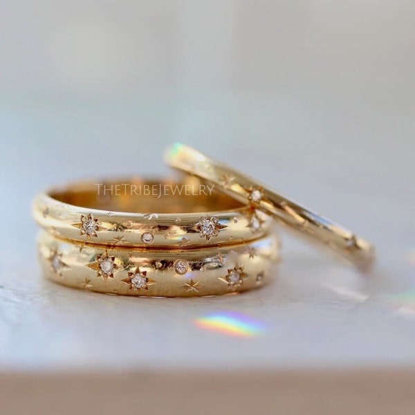 14k Gold Diamond Star Wedding Band – Dainty Celestial Ring for Women, Minimalist Anniversary Band, Unique Vintage Gold Jewelry Gift