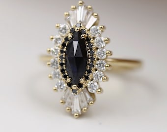 Vintage Black Onyx Art Deco Ring: 1 Carat Marquise Cut, Gold Anniversary Ring