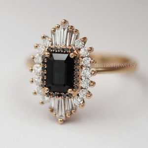 Vintage Art Deco Black Onyx Starburst Ring: Baguette Halo Engagement