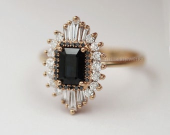 Vintage Art Deco Black Onyx Starburst Ring: Baguette Halo Engagement