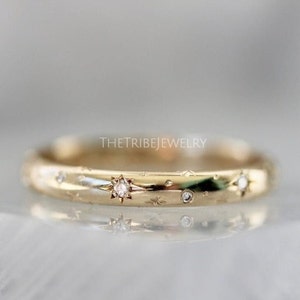 Vintage Star Band, Star Engraved Ring, Celestial Wedding Band, 14k Solid Gold Moissanite Band With Star, Minimalist Ring, Anniversary Gift