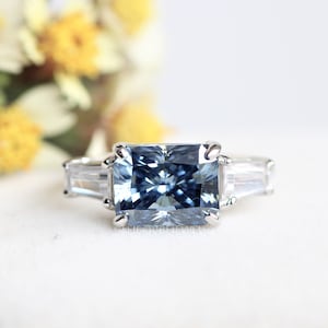 3.50 Carat Blue Moissanite East West Ring, Radiant Cut Moissanite Three Stone Ring, Colored Moissanite Engagement Ring, Side Stone Ring
