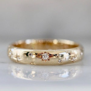 14k Gold Star Wedding Band Star Diamond Ring Stars Engraved Bridal Band Celestial Wedding Ring Starburst Gold Ring Perfect Gift For Her