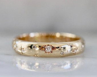 14k Gold Star Diamond Wedding Band: Celestial Engraved Ring