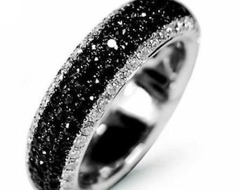 Black & White Moissanite Diamond Eternity Band: Micro Pave Gold Stackable Ring