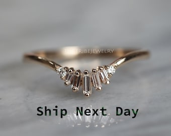 14k Weißgold Baguette Diamant Geschwungener Ehering: Jubiläumsring Verstärkung - Stapelring