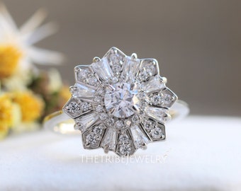Starburst Round Cut Moissanite Floral Ring, Vintage Inspired Engagement Ring, 14k Gold Round Ballerina Ring, Anniversary Gift