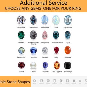 May include: Image displaying a variety of gemstones such as Emerald, Sapphire, and Ruby. The text reads "Additional Service" and "CHOOSE ANY GEMSTONE FOR YOUR RING". Various stone shapes are also shown at the bottom of the image.