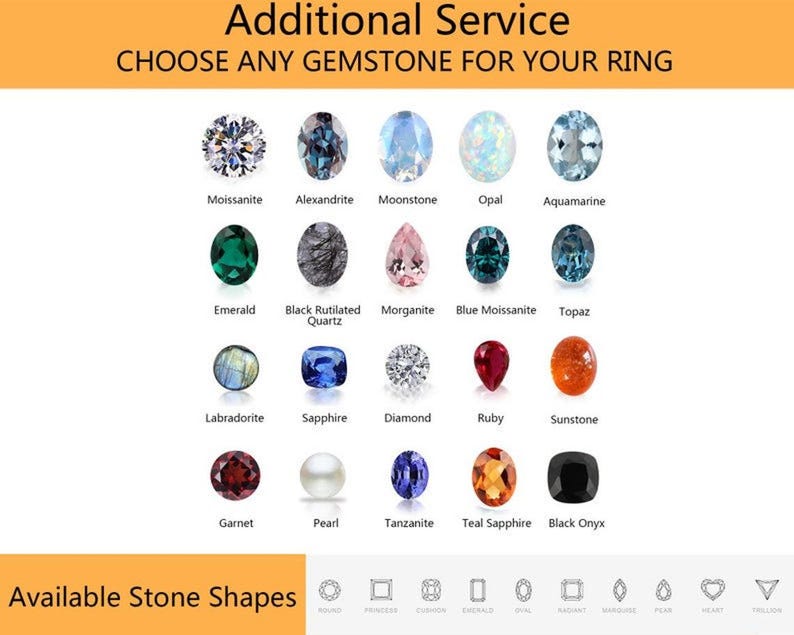 May include: Image displaying a variety of gemstones such as Emerald, Sapphire, and Ruby. The text reads "Additional Service" and "CHOOSE ANY GEMSTONE FOR YOUR RING". Various stone shapes are also shown at the bottom of the image.