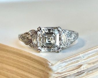 Art Deco 2 CT Asscher Cut Moissanite Ring, Sterling Silver Vintage Engagement Ring