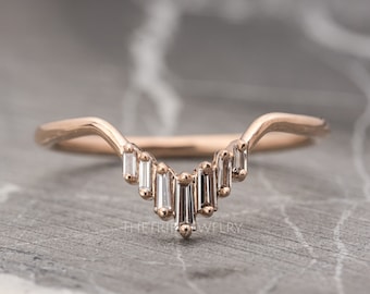 Curved Baguette Moissanite Wedding Band: Stackable Chevron Ring