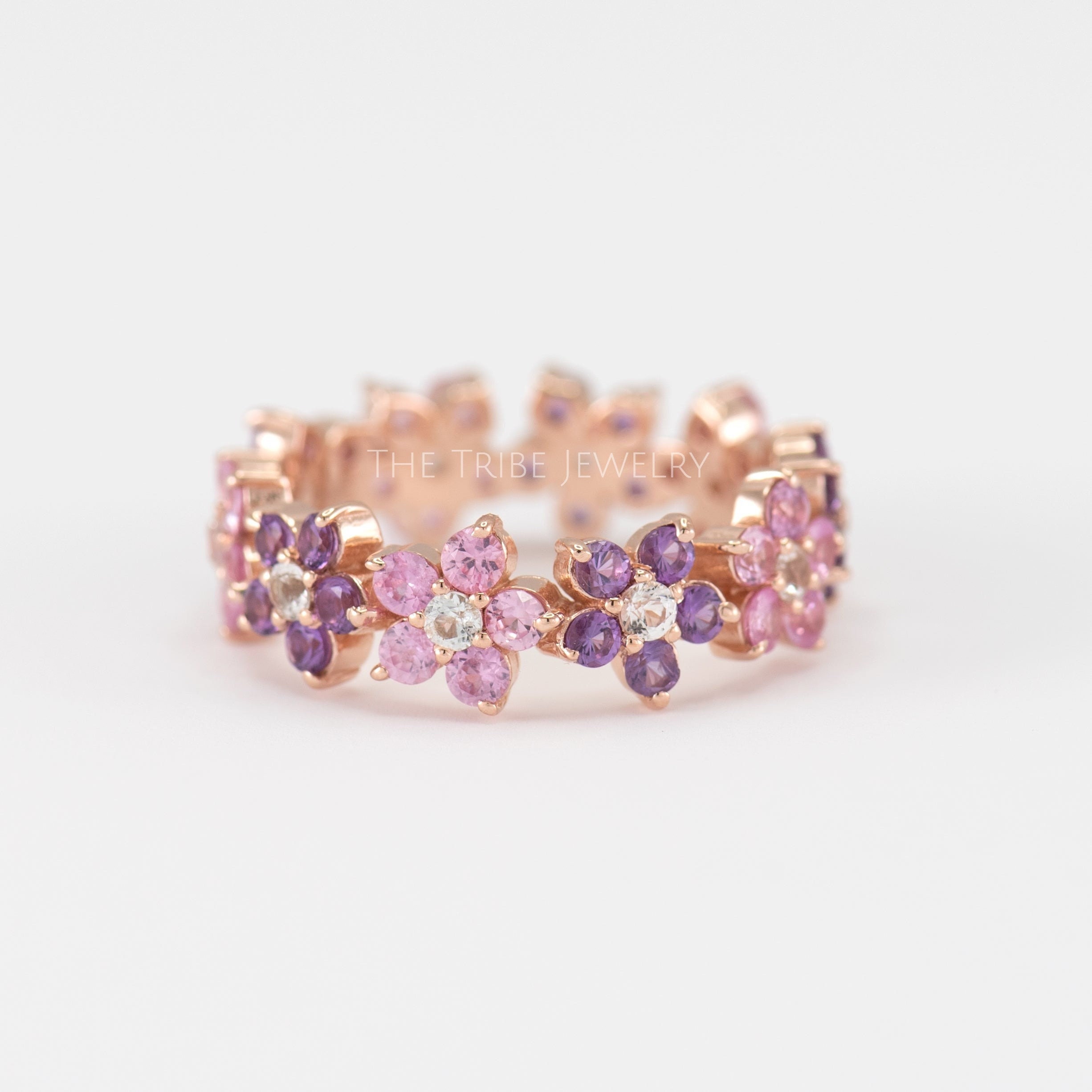 Pink Sapphire Floral Ring: 14k Gold Flower Wedding Band