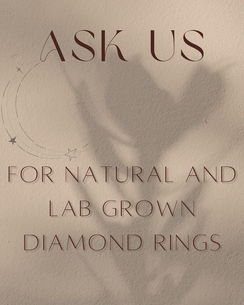 May include: A beige background with the text "ASK US" in a serif font. Below, the text reads "FOR NATURAL AND LAB GROWN DIAMOND RINGS." A shadow of a leaf is cast on the background.