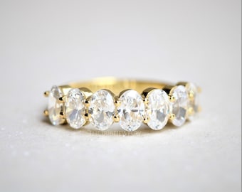 14k Gold Oval Moissanite Half Eternity Band: Stackable Wedding Ring