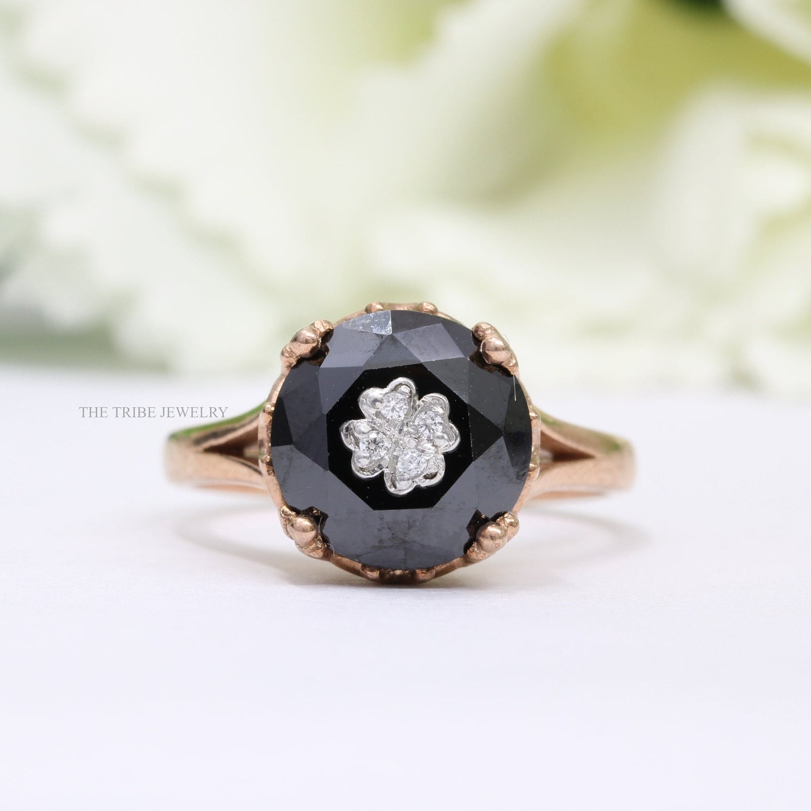 Art Deco Black Onyx Engagement Ring: Leaf Inspired Vintage Style