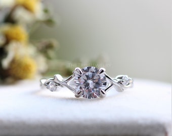 Round Cut Moissanite Twig Engagement Ring, 14k Solitaire Wedding Ring, Unique Nature Inspired Ring, Tree Branch Ring, Anniversary Ring
