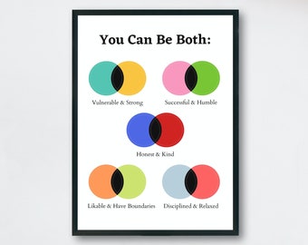 Può includere: Una stampa incorniciata con il testo "You Can Be Both:" e diversi cerchi sovrapposti in vari colori. Il testo sotto i cerchi descrive qualità contrastanti come "Vulnerable & Strong" e "Disciplined & Relaxed". La cornice è nera.