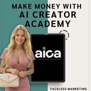 Könnte beinhalten: Werbebild mit einer Frau in einem rosa Kleid und einer beigen Handtasche. Der Text lautet "MAKE MONEY WITH AI CREATOR ACADEMY" und "FACELESS MARKETING WITH AI AVATARS". Ein schwarzes Tablet zeigt das Logo "aica AI CREATOR ACADEMY".